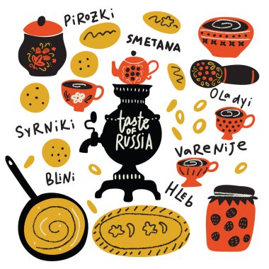 Rus geleneksel yemekleri. Rusya'nın tadı. Komik el illüstrasyon besin öğeleri ve yemekleri adı ile çekilmiş. Vektör tasarımı.