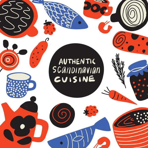 Cuisine Scandinave Authentique Illustration Dessinée Main Différents Aliments Scandinaves Modèle — Image vectorielle