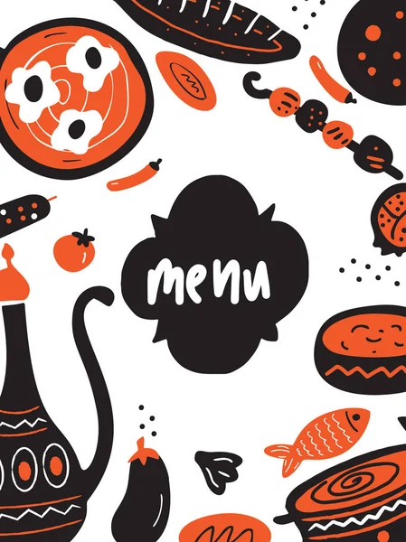 Modèle Menu Drôle Doodle Avec Illustration Nourriture Traditionnelle Moyen Orient — Image vectorielle