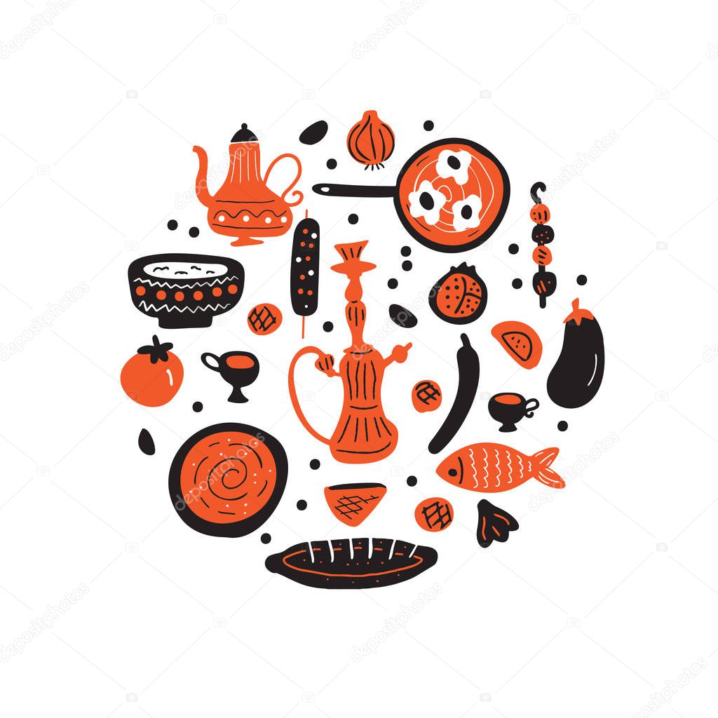 Middle eastern food. Hand drawn illustration in circle. Traditional cuisine concept. Vector