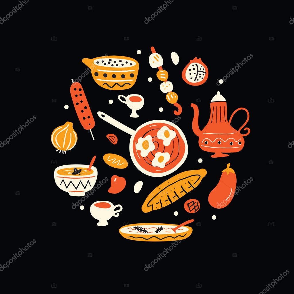 Middle eastern food. Hand drawn illustration in circle. Traditional cuisine concept. Vector. Black background