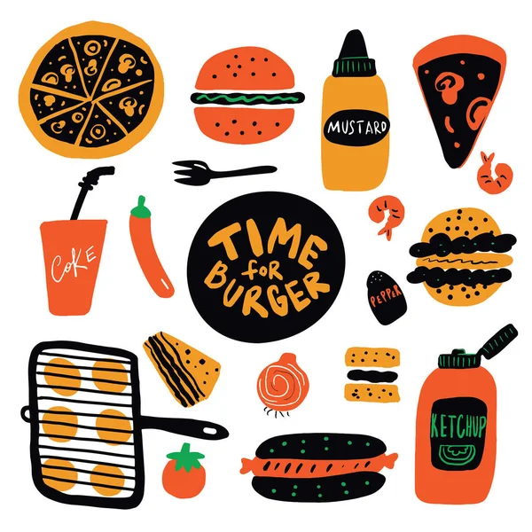 Zeit für Burger. Lustige handgezeichnete Illustration verschiedener Fast Food. Vektordesign — Stockvektor
