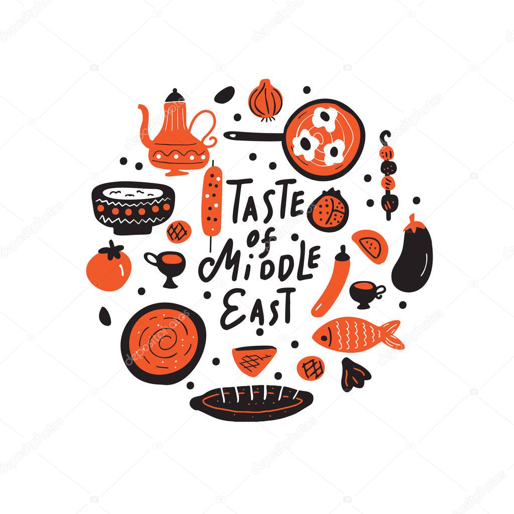 Middle eastern food. Hand drawn illustration in circle. Traditional cuisine concept. Vector