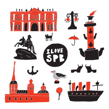 I love Saint Petersburg. Hand drawn illustration of different symbols and landmarks of saint petersburg. clipart
