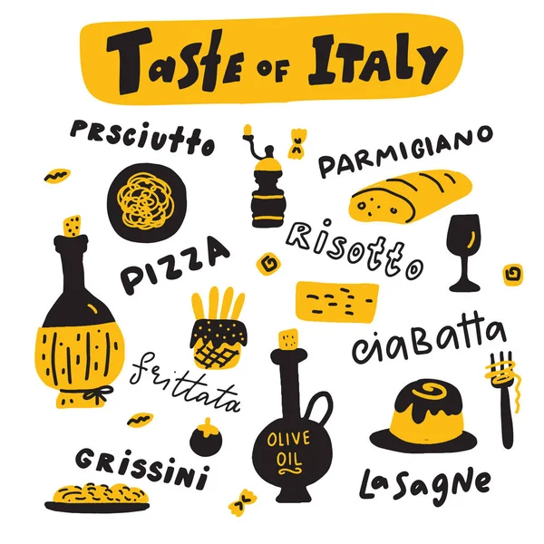 Goût d'Italie. Doodle illustration de la cuisine italienne traditionnelle et le nom des plats. Vecteur . — Image vectorielle