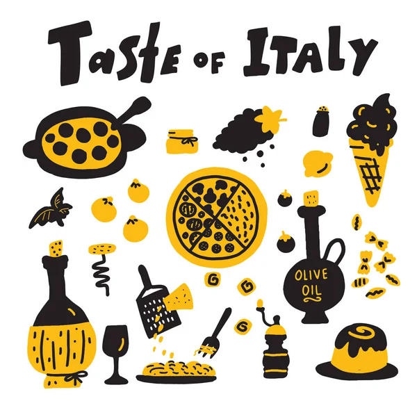 Sabor a italia. Doodle ilustración de la comida tradicional italiana. Vector . — Vector de stock