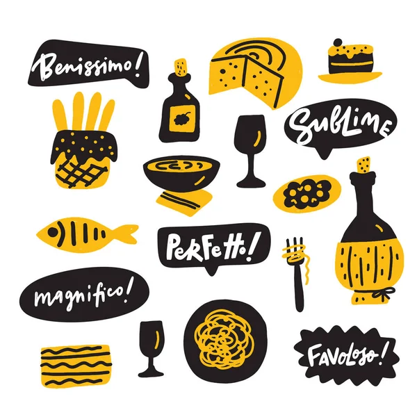 Illustration dessinée à la main drôle de nourriture italienne et expressions de délice sur la nourriture savoureuse. Conception vectorielle . — Image vectorielle