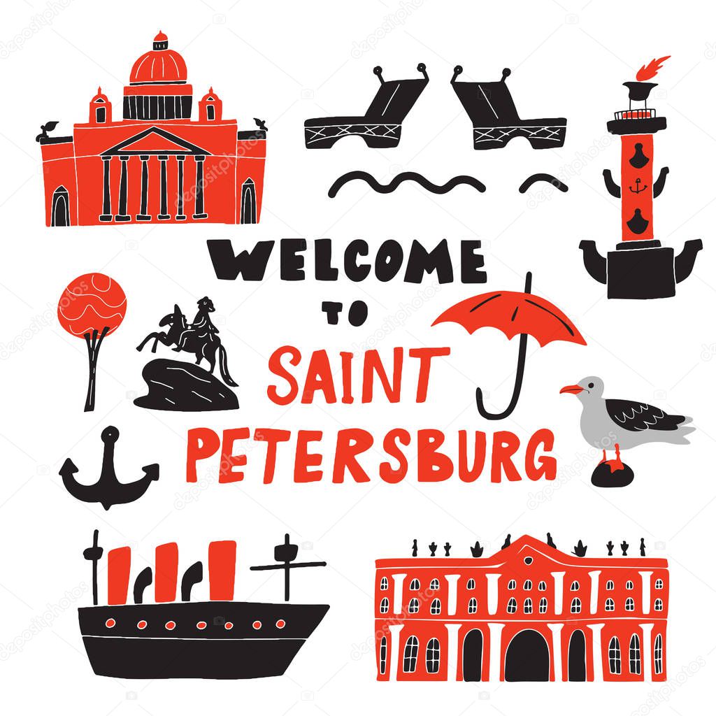 Welcome to Saint-Petersburg. Funny hand drawn illustration of different landmarks and symbols . Sketch. Vector