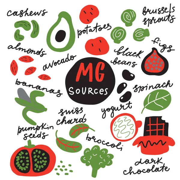 Magnesium bronnen. Grappige hand getekend illustratie van voedingsmiddelen rijk aan magnesium Vector. — Stockvector