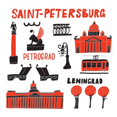 Saint Petersburg. Funny hand drawn illustration of different landmarks . Sketch. Vector clipart