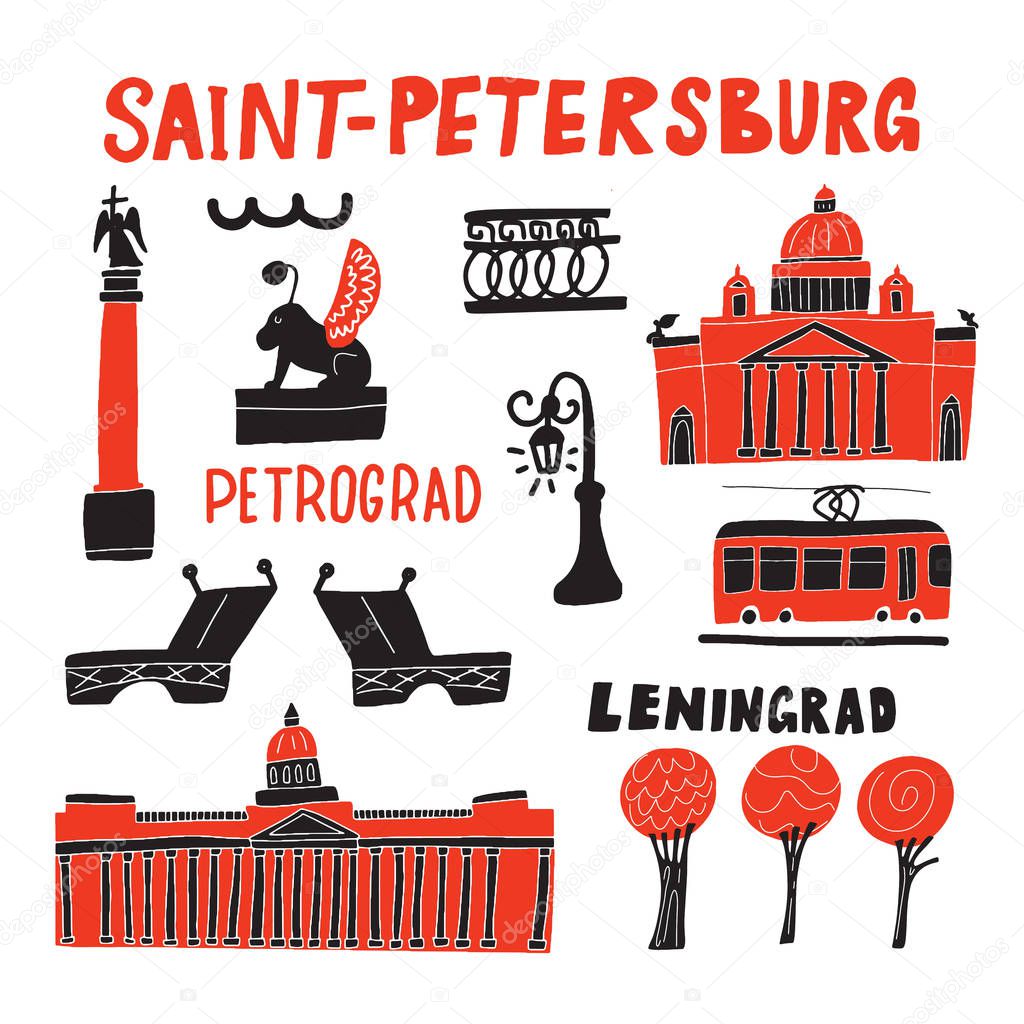 Saint Petersburg. Funny hand drawn illustration of different landmarks . Sketch. Vector