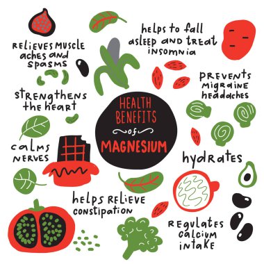 Magnesium health benefits.Illustration of magbesium rich foods and its benefits. Vector. clipart