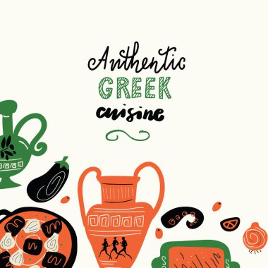 Otantik Yunan mutfağı. Menü şablonu. Komik el illüstrasyon besin öğeleri ile çekilmiş. Vektör içinde yapılan.