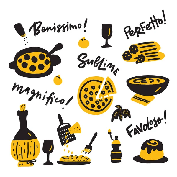 Doodle ilustrace italských potravin a projevů radosti o chutné jídlo. Vektorová design. — Stockový vektor