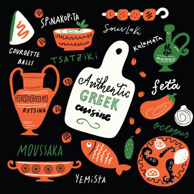 Geleneksel Yunan yemekleri. Otantik Yunan mutfağı. Komik Yunan yemek ve mutfak gereçleri gösterimi ile el yemekleri isimleri yazılı doodle. Vektör çizim