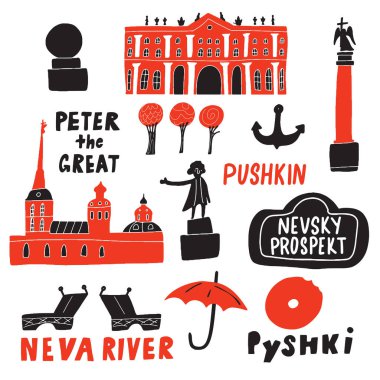 Saint-Petersburg. Farklı yerler ve sembolleri komik elle çizilmiş çizimi. Kroki. Vektör.