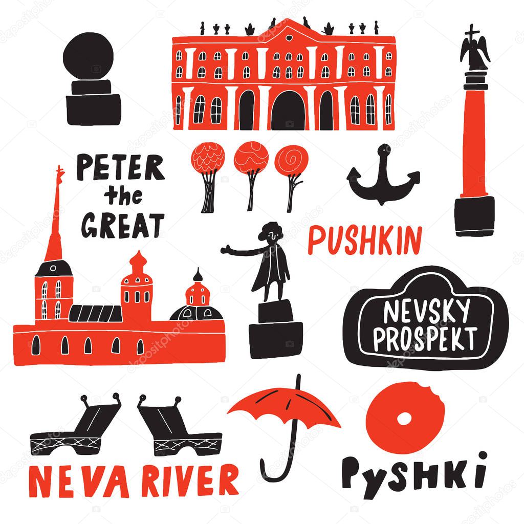 Saint-Petersburg. Funny hand drawn illustration of different landmarks and symbols . Sketch. Vector.