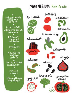Magnesiumrich foods.Funny infographic poster about healthy benefits of magnesium and food which contains it. Vector. clipart