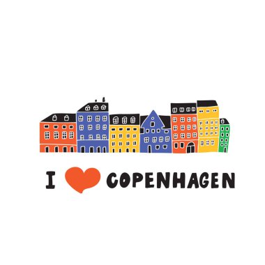 Copenhagen seviyorum. Kopenhag illüstrasyon görünüm ev sahipliği yapmaktadır. Nyhavn. Doodle. Vektör.