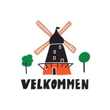 Danimarkalı Velkommen hoş geldiniz. Yazı ve yel değirmeni, illlustration. Kopenhag sembolü. Vektör.