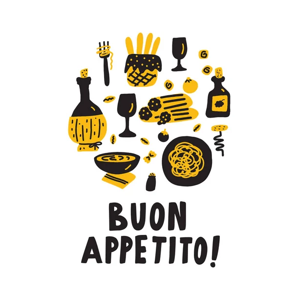 Dobrou chuť v italštině. Doodle ilustrace tradičních italských jídel v kruhu. Vektor — Stockový vektor