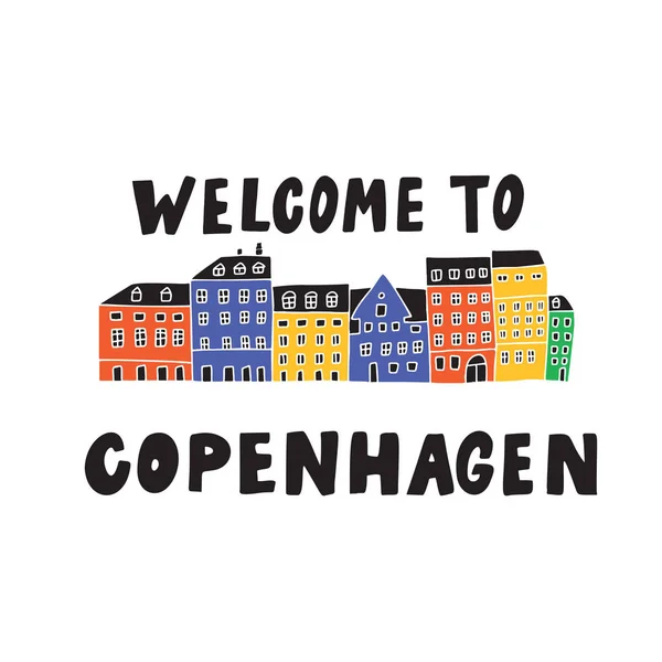 Welkom naar Kopenhagen. Illustratie van Kopenhagen huizen bekijken. Nyhavn. Doodle. Vector. — Stockvector