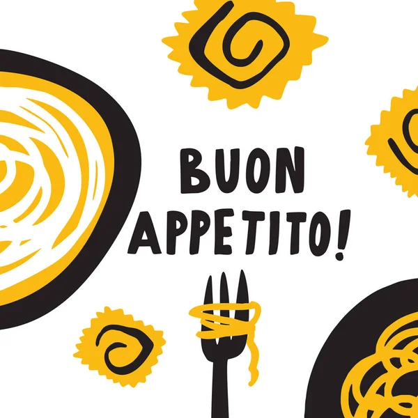 Dobrou chuť v italštině. Ruční písmo a vtipné ilustrace italských jídel. Nabídka Šablona. — Stockový vektor