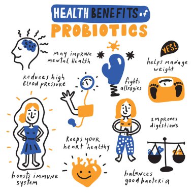 Health benefits of probiotics. Hand drawn infographic poster. Vector clipart