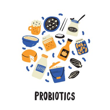 Probiyotik. Elle çizilmiş doodle tarzı daire illlustration. Vektör