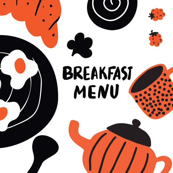 Frühstück. Vorlage mit lustigen handgezeichneten Elementen im skandinavischen Stil. Vektor. — Stockvektor