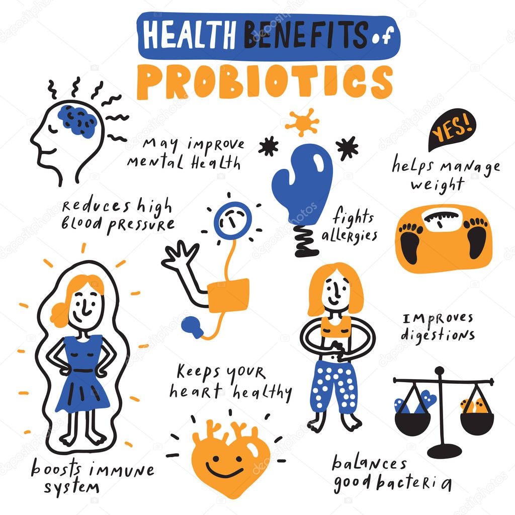 Health benefits of probiotics. Hand drawn infographic poster. Vector