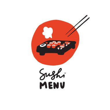 Komik elle çizilmiş sushi seti. Sushi menüsü. Karalamalar. Vektör.