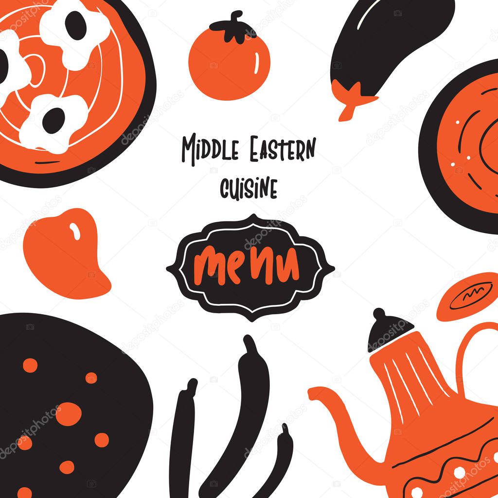 Middle eatsern cuisine. Menu template with hand drawn elements of traditional food. Vector