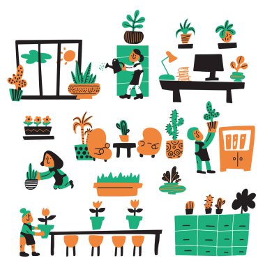 Komik vektör Illustration bahçıvanlar, ofis bitkiler hakkında dikkat çekici. Office plantscaping kavramı. Doodle stili.