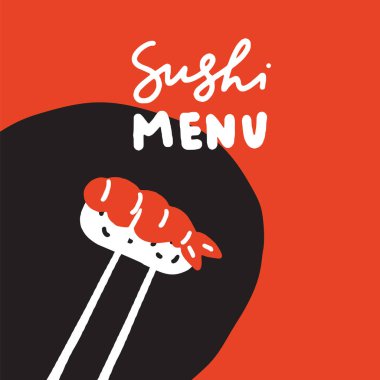 Sushi menüsü. El suşi ve yemek çubukları çizimi kırmızı zemin üzerine çekilmiş. Menü şablonu için idealdir. Vektör içinde yapılan.