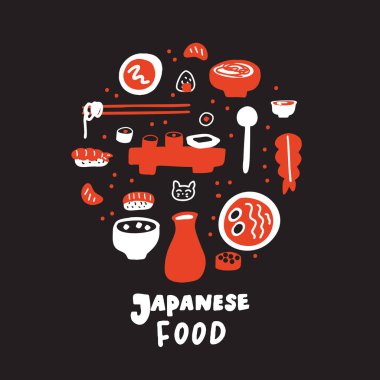Japon yemekleri. Daire, elle çizilmiş illüstrasyon izole siyah arka plan üzerine. Restoran promorion. Vektör.