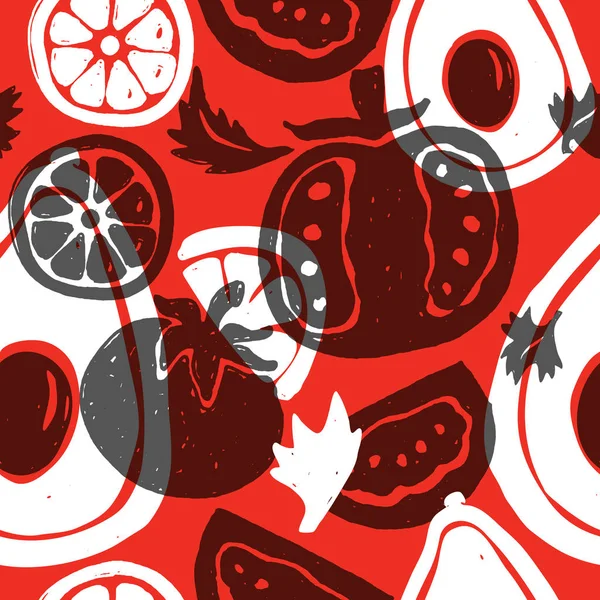 Aguacate y tomate. Patrón sin costura vectorial. Ilustración dibujada a mano de aguacate, tomate, lima. Fondo rojo . — Vector de stock