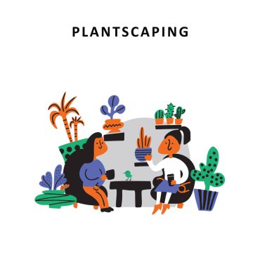 Plantscaping. Kahve içme ve iç bitkiler tarafından çevrili iki çizgi film kadın, çizilen illüstrasyon vektör ver. Plantscaping hizmet anlayışı.