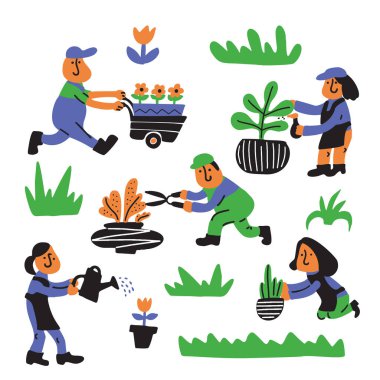 Bahçe Servisi. İnsanlar, bahçede çalışan Illustration. Çizgi film karakterleri.