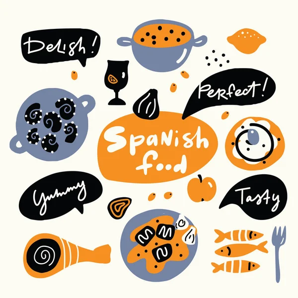 Španělské jídlo. Ručně tažené ilustrace, v vektoru. Doodle styl. — Stockový vektor