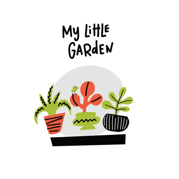 Μικρό κήπο μου. Χαριτωμένο χέρι που απεικόνιση των φυτών σε γλάστρες. Doodle στυλ. Διάνυσμα — Διανυσματικό Αρχείο