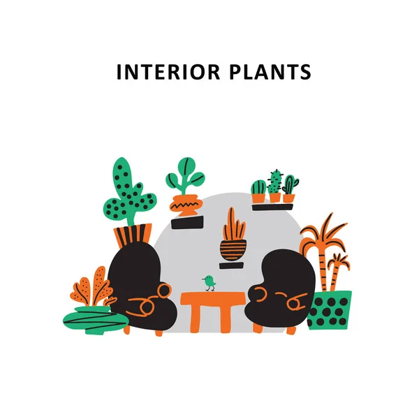 Inredning växter. Doodle illustration av två fåtöljer och bord, dekorerad med växter. Plantscaping servicekoncept. Vektor. — Stock vektor