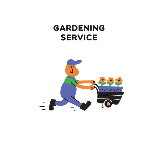 Gardening service. Vector illustration of gardener, running with cart and flowers. Doodle. — Stock Vector