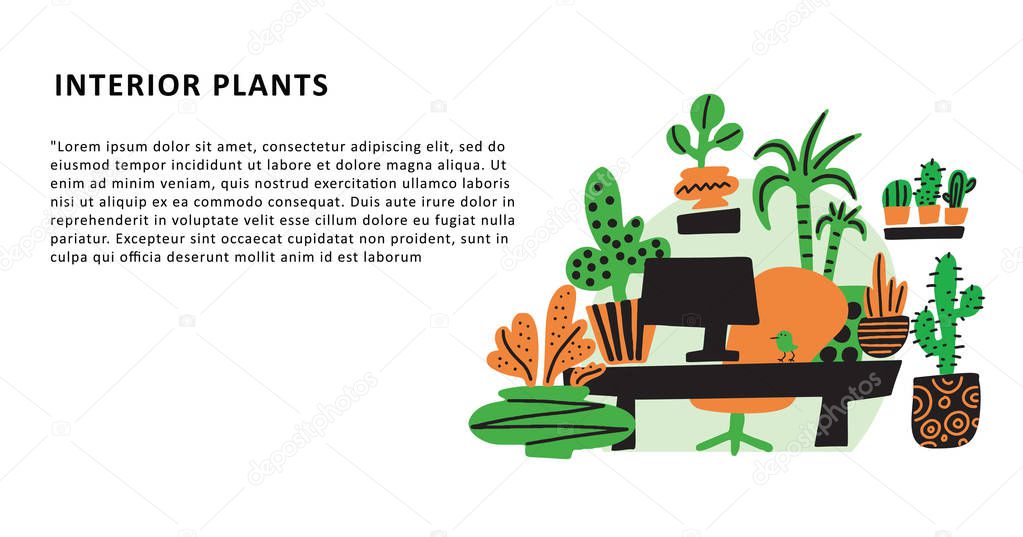 Interior plants. Web banner. Hand drawn illustration of office, decorated with plants. Doodle style. Vector