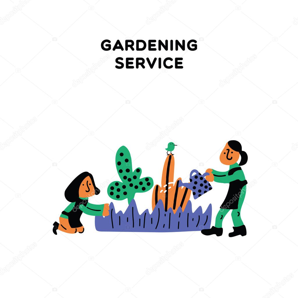 Gardening service. Vector illustration of two women, taking care about garden plants. Cartoon characters.