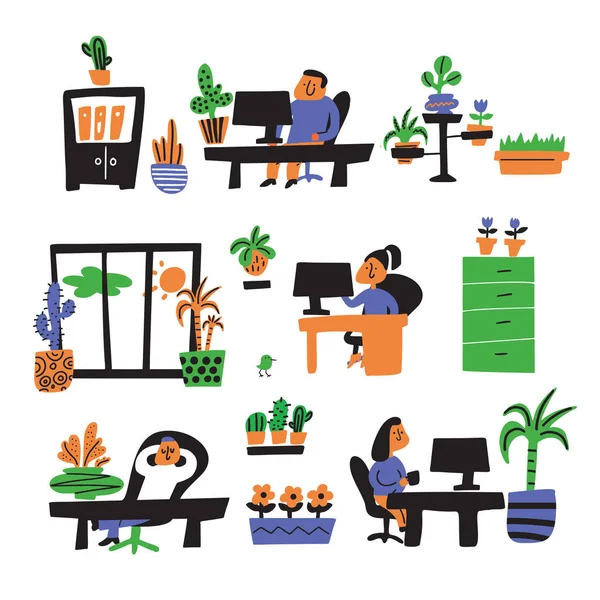 Ilustracja pracowników biurowych, w otoczeniu roślin. Koncepcja serwisu Plantscaping. Wektor. Doodle stylu. — Wektor stockowy
