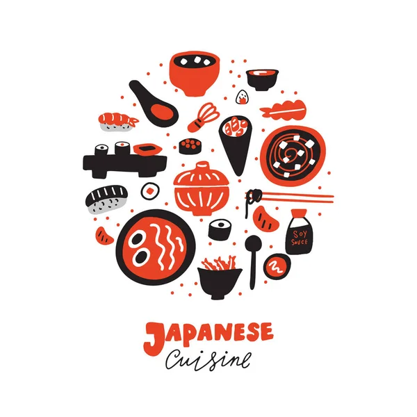 Japonská kuchyně. Ručně kreslené ilustrace v kruhu, izolované na bílém pozadí. Restaurace promorion. Vektor. — Stockový vektor