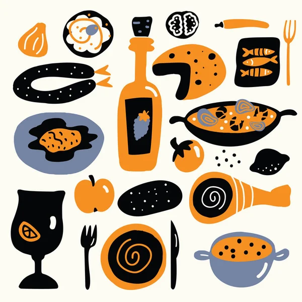 Καρτούν εικονογράφηση φορέα της μεσογειακής κουζίνας. Ισπανικό φαγητό έννοια. — Διανυσματικό Αρχείο