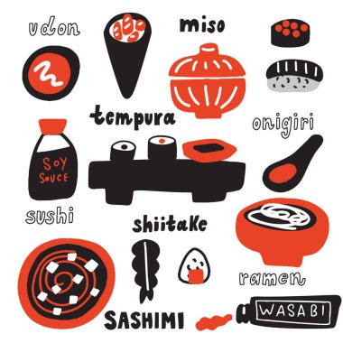Japon mutfağı vektör çizim. Elle çizilmiş gıda. Beyaz arka plan üzerinde izole. Tipografi poster.