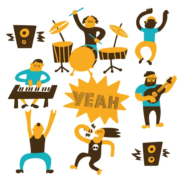 Illustration vectorielle de musiciens, chanteurs rock et danseurs.. Festival de musique, concept de concert. Phrase Ouais . — Image vectorielle